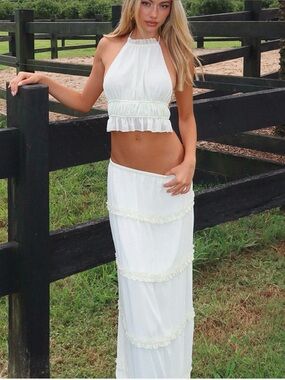 White Fox Boutique White Tiered Ruffle Maxi Skirt and Top
